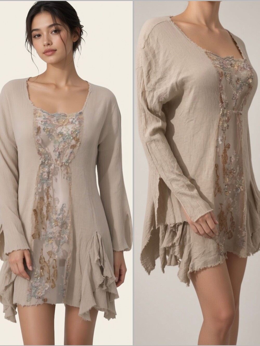 Cabillo Beige Embroidered Layered Tunic Top